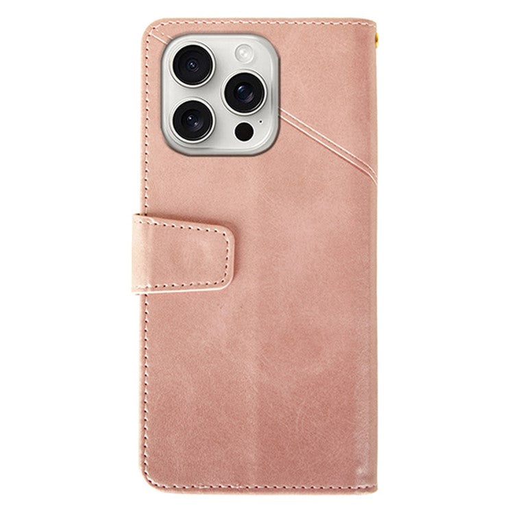 IDEWEI For iPhone 16 Pro Case Leather Wallet Phone Cover Stand Calf Texture - Pink