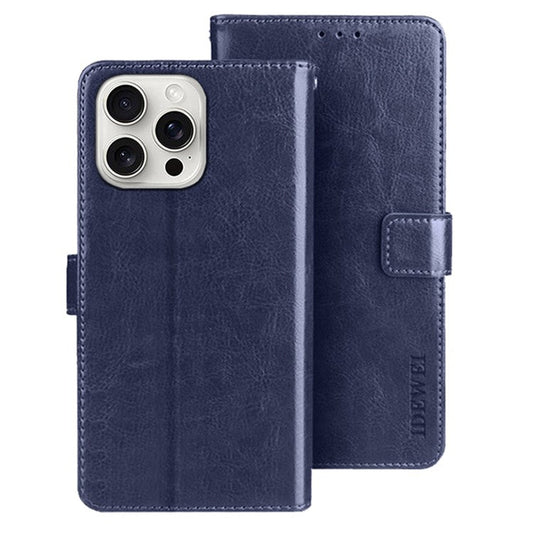 IDEWEI For iPhone 16 Pro Stand Case Crazy Horse Texture Leather Phone Cover - Dark Blue