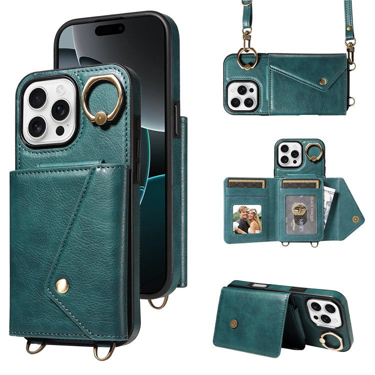 For iPhone 16 Pro Case Card Holder Leather + TPU Phone Cover with Long Shoulder Strap - Green