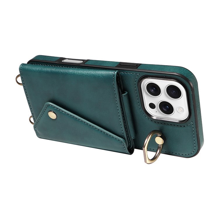 For iPhone 16 Pro Case Card Holder Leather + TPU Phone Cover with Long Shoulder Strap - Green