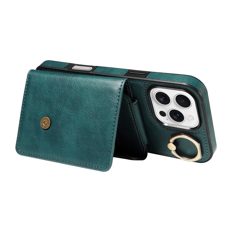 For iPhone 16 Pro Case Card Holder Leather + TPU Phone Cover with Long Shoulder Strap - Green