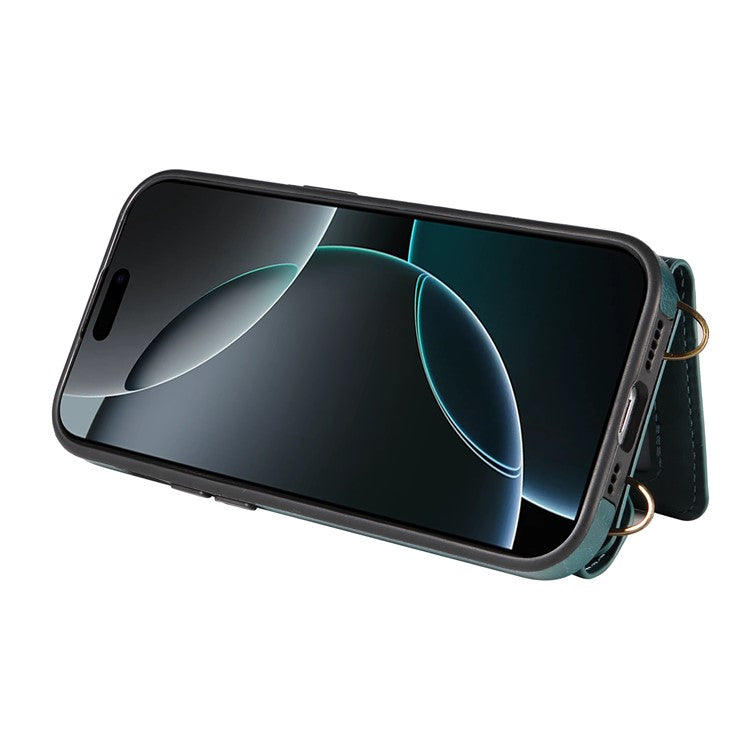 For iPhone 16 Pro Case Card Holder Leather + TPU Phone Cover with Long Shoulder Strap - Green