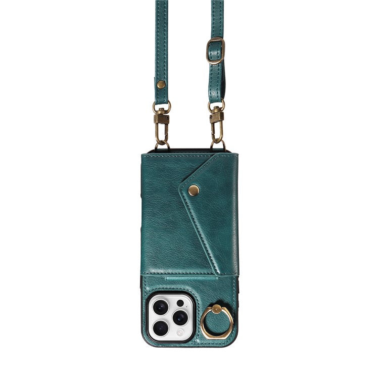 For iPhone 16 Pro Case Card Holder Leather + TPU Phone Cover with Long Shoulder Strap - Green