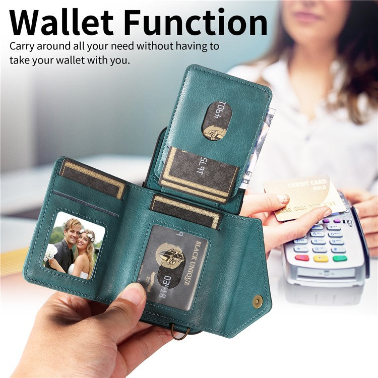 For iPhone 16 Pro Case Card Holder Leather + TPU Phone Cover with Long Shoulder Strap - Green