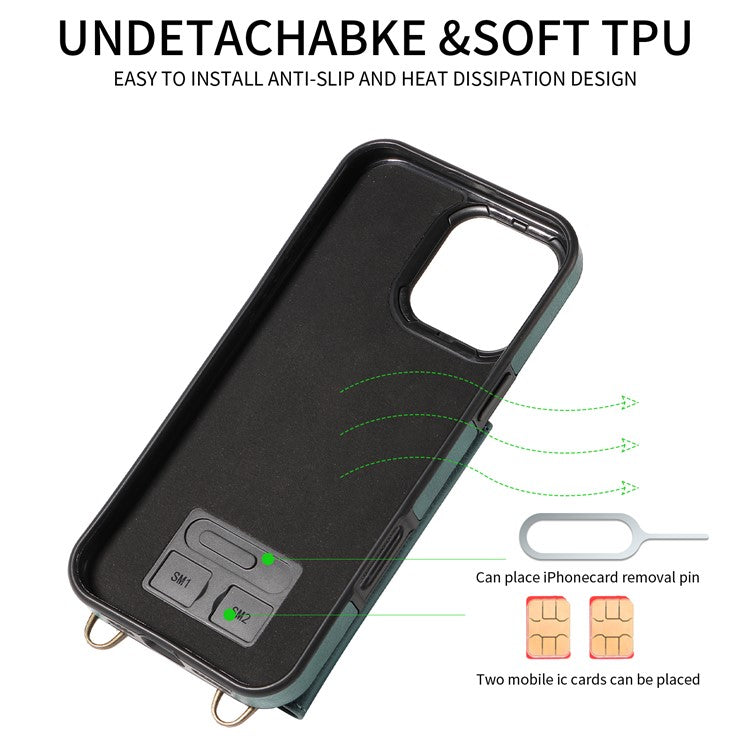 For iPhone 16 Pro Case Card Holder Leather + TPU Phone Cover with Long Shoulder Strap - Green