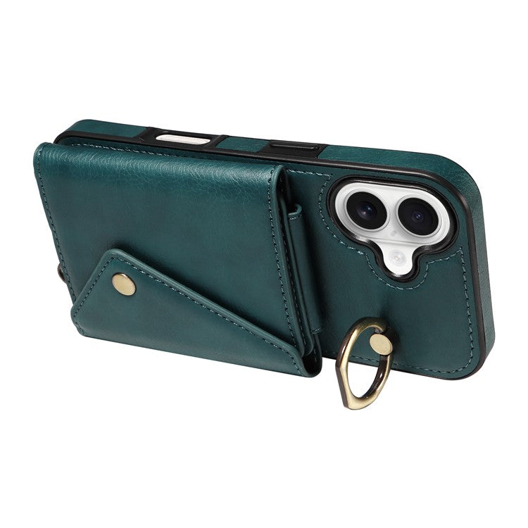 For iPhone 16 Plus Case Card Holder Leather + TPU Phone Cover with Long Shoulder Strap - Green