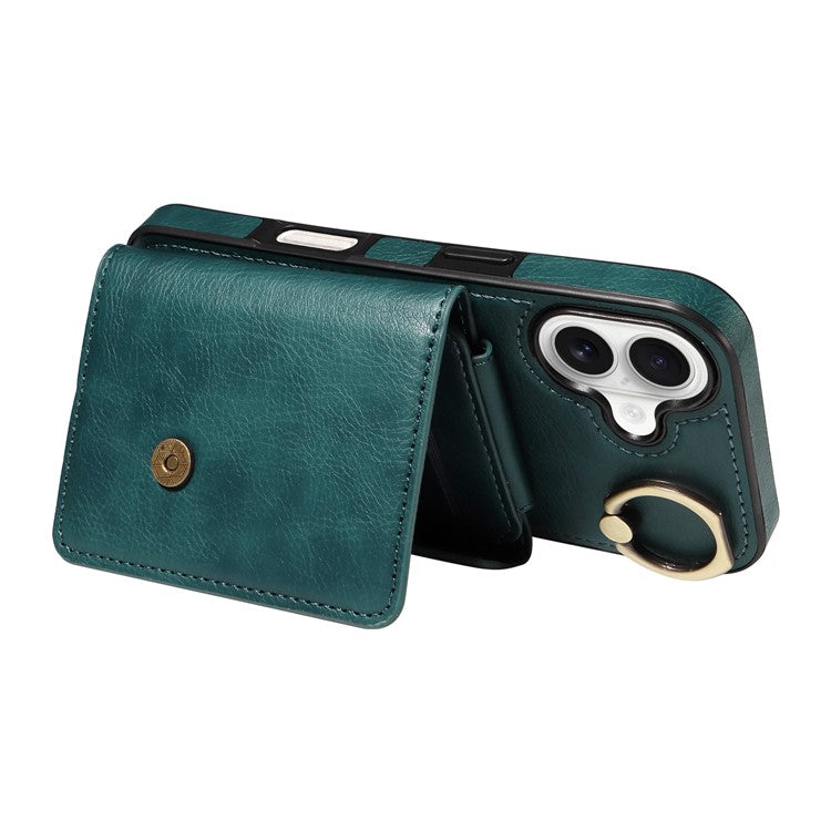 For iPhone 16 Plus Case Card Holder Leather + TPU Phone Cover with Long Shoulder Strap - Green