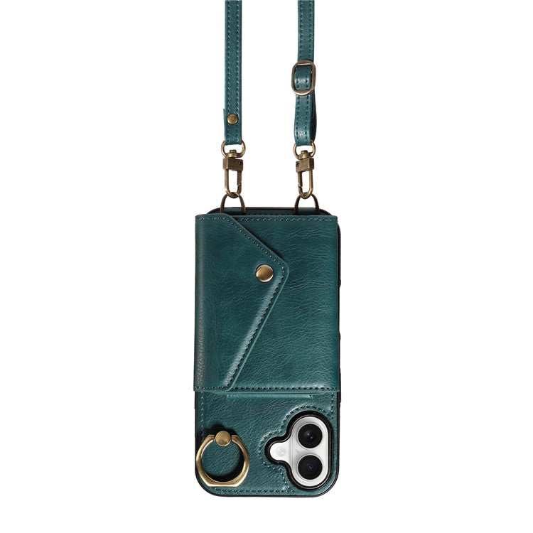 For iPhone 16 Plus Case Card Holder Leather + TPU Phone Cover with Long Shoulder Strap - Green