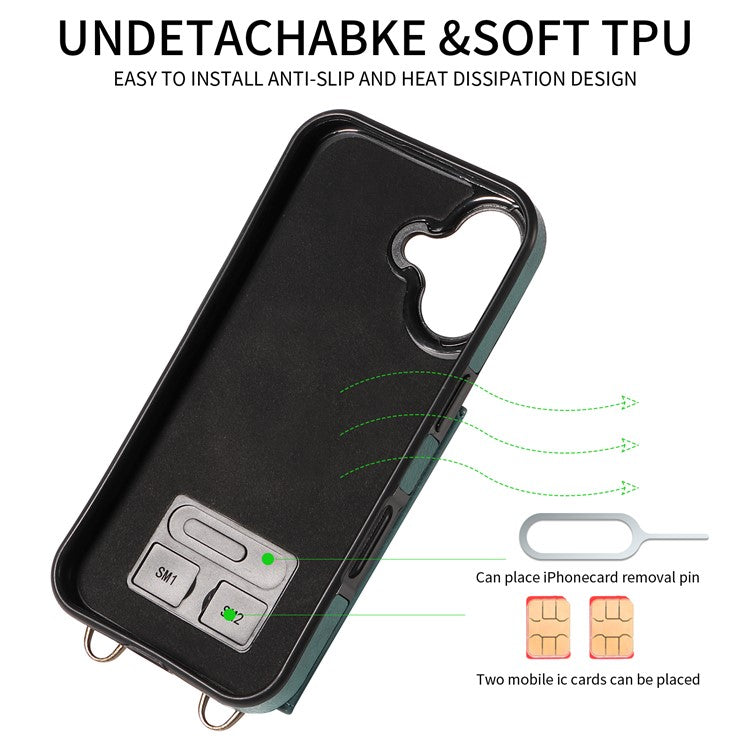For iPhone 16 Plus Case Card Holder Leather + TPU Phone Cover with Long Shoulder Strap - Green