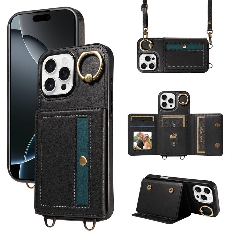 For iPhone 16 Pro Case Leather Crossbody Phone Cover Card Holder Kickstand - Black