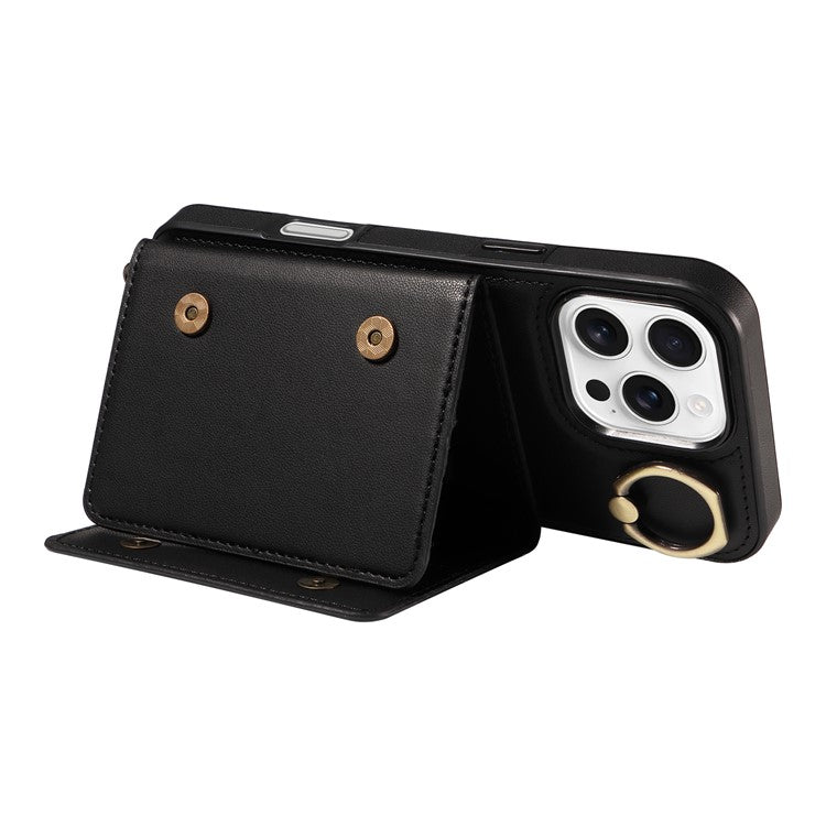 For iPhone 16 Pro Case Leather Crossbody Phone Cover Card Holder Kickstand - Black