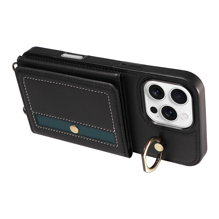 For iPhone 16 Pro Case Leather Crossbody Phone Cover Card Holder Kickstand - Black
