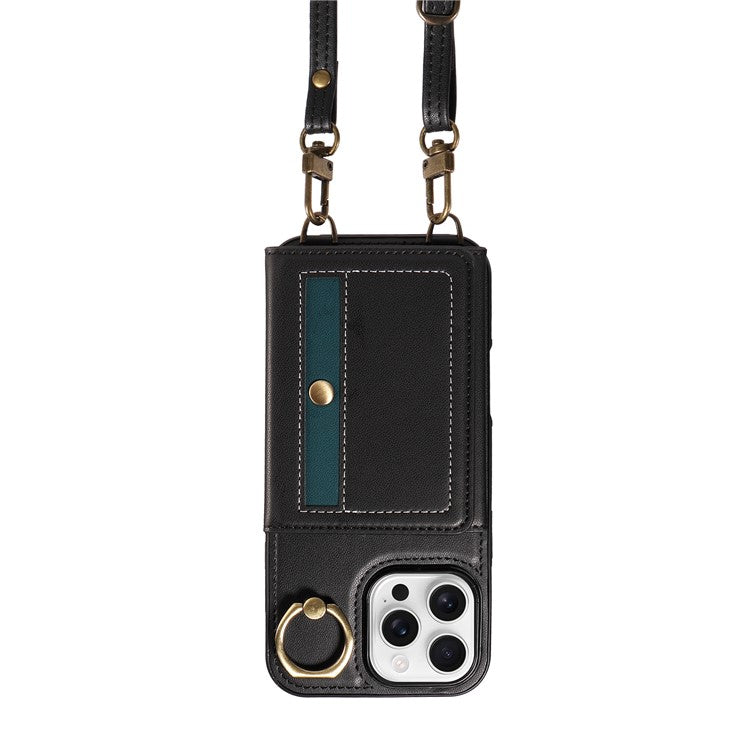 For iPhone 16 Pro Case Leather Crossbody Phone Cover Card Holder Kickstand - Black
