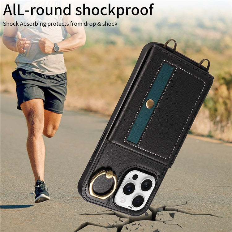 For iPhone 16 Pro Case Leather Crossbody Phone Cover Card Holder Kickstand - Black