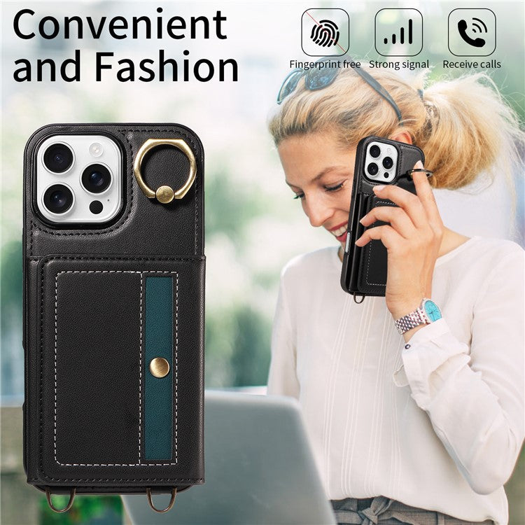 For iPhone 16 Pro Case Leather Crossbody Phone Cover Card Holder Kickstand - Black