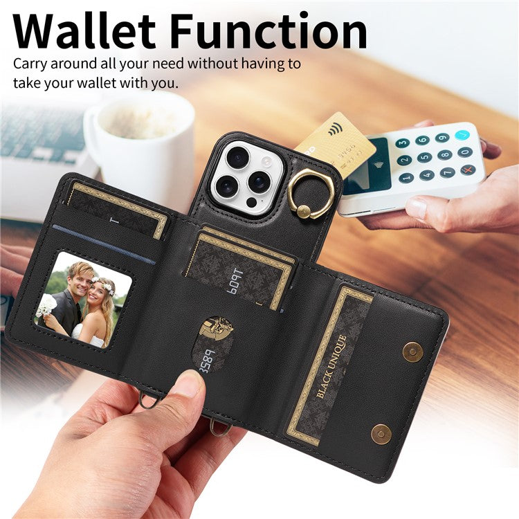 For iPhone 16 Pro Case Leather Crossbody Phone Cover Card Holder Kickstand - Black