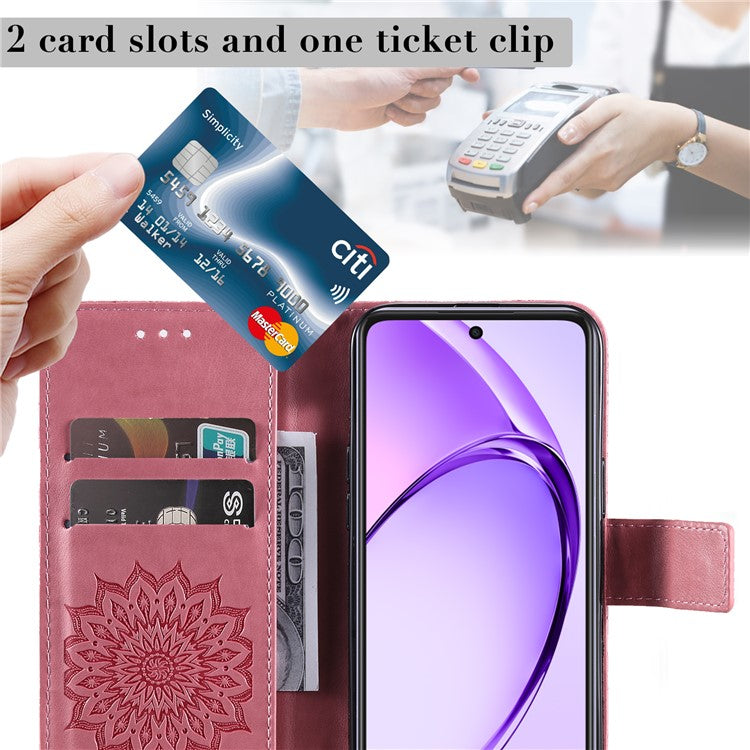 KT Imprinting Flower Series-1 For Oppo A3x 4G / 5G (India) / A3 4G / 5G / A60 5G / A40 4G / A40M 4G Case Sunflower Leather Wallet Phone Cover - Pink
