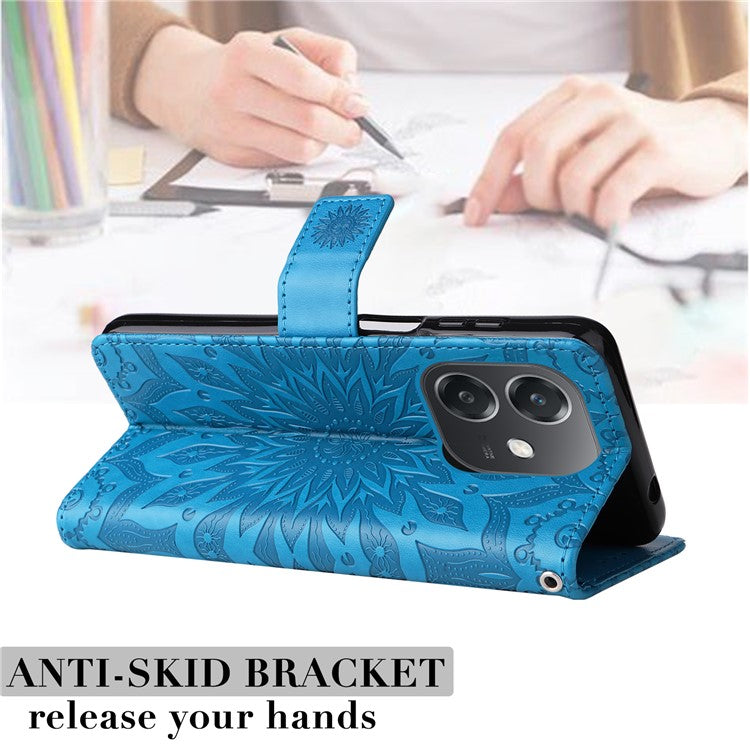 KT Imprinting Flower Series-1 For Oppo A3x 4G / 5G (India) / A3 4G / 5G / A60 5G / A40 4G / A40M 4G Case Sunflower Leather Wallet Phone Cover - Blue