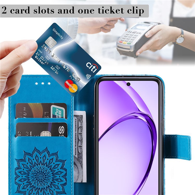 KT Imprinting Flower Series-1 For Oppo A3x 4G / 5G (India) / A3 4G / 5G / A60 5G / A40 4G / A40M 4G Case Sunflower Leather Wallet Phone Cover - Blue