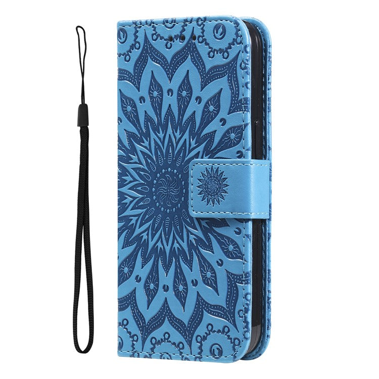 KT Imprinting Flower Series-1 For Oppo A3x 4G / 5G (India) / A3 4G / 5G / A60 5G / A40 4G / A40M 4G Case Sunflower Leather Wallet Phone Cover - Blue