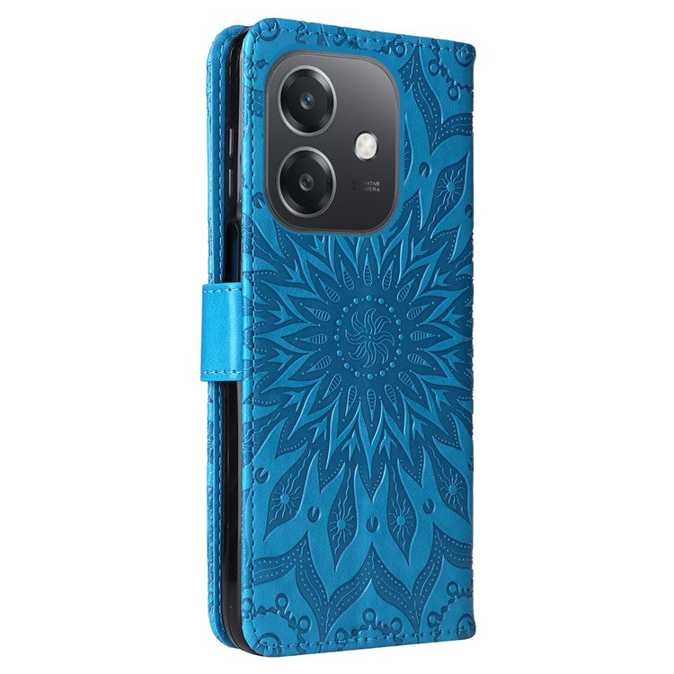 KT Imprinting Flower Series-1 For Oppo A3x 4G / 5G (India) / A3 4G / 5G / A60 5G / A40 4G / A40M 4G Case Sunflower Leather Wallet Phone Cover - Blue