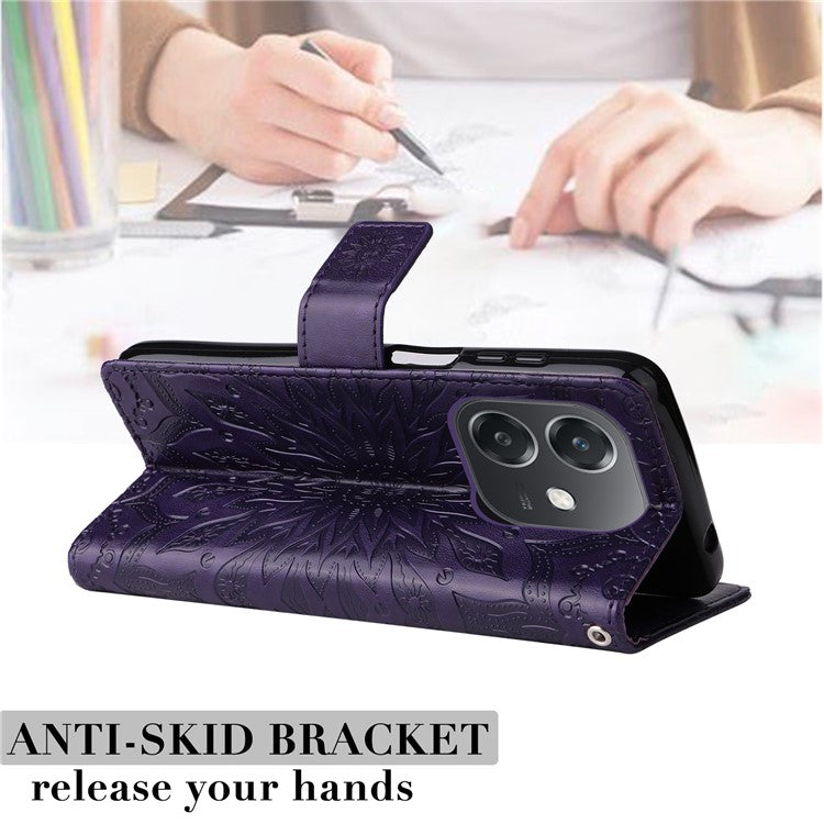 KT Imprinting Flower Series-1 For Oppo A3x 4G / 5G (India) / A3 4G / 5G / A60 5G / A40 4G / A40M 4G Case Sunflower Leather Wallet Phone Cover - Purple