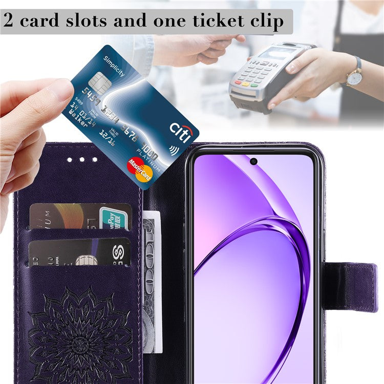 KT Imprinting Flower Series-1 For Oppo A3x 4G / 5G (India) / A3 4G / 5G / A60 5G / A40 4G / A40M 4G Case Sunflower Leather Wallet Phone Cover - Purple