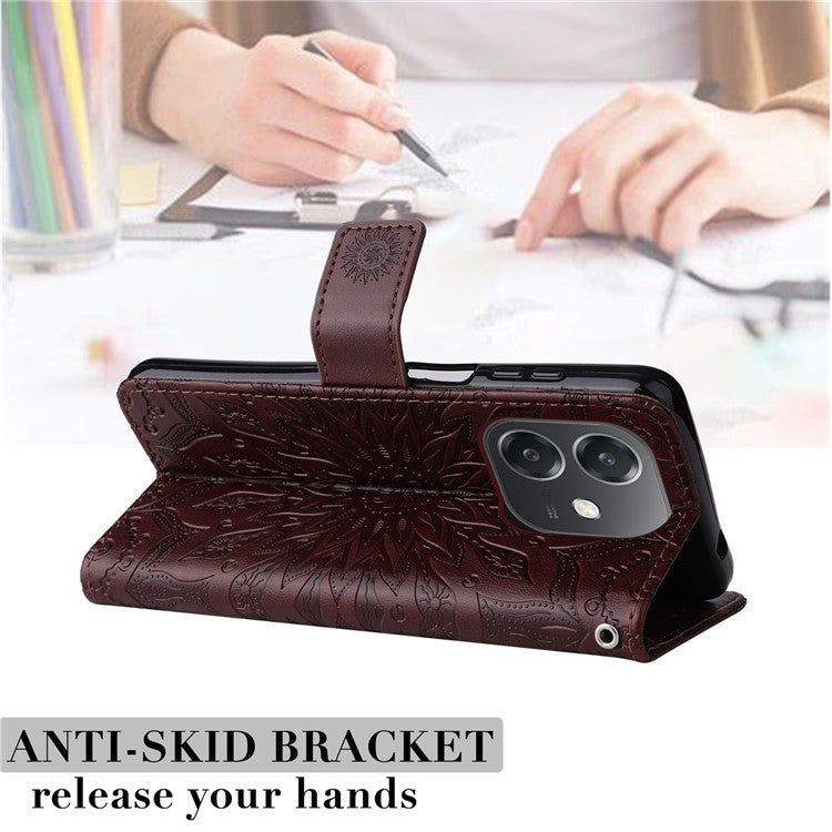 KT Imprinting Flower Series-1 For Oppo A3x 4G / 5G (India) / A3 4G / 5G / A60 5G / A40 4G / A40M 4G Case Sunflower Leather Wallet Phone Cover - Brown