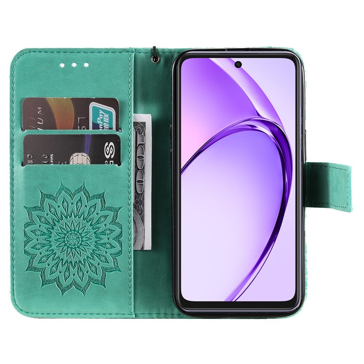 KT Imprinting Flower Series-1 For Oppo A3x 4G / 5G (India) / A3 4G / 5G / A60 5G / A40 4G / A40M 4G Case Sunflower Leather Wallet Phone Cover - Green
