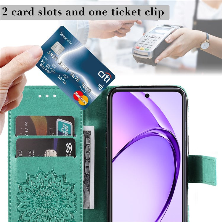 KT Imprinting Flower Series-1 For Oppo A3x 4G / 5G (India) / A3 4G / 5G / A60 5G / A40 4G / A40M 4G Case Sunflower Leather Wallet Phone Cover - Green