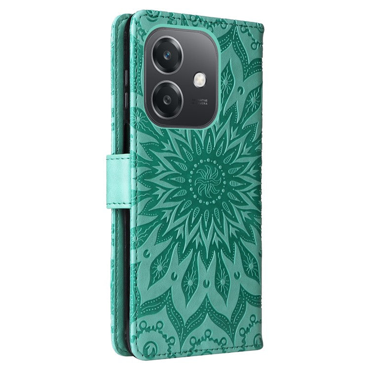 KT Imprinting Flower Series-1 For Oppo A3x 4G / 5G (India) / A3 4G / 5G / A60 5G / A40 4G / A40M 4G Case Sunflower Leather Wallet Phone Cover - Green