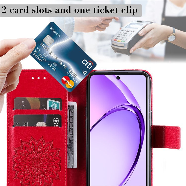 KT Imprinting Flower Series-1 For Oppo A3x 4G / 5G (India) / A3 4G / 5G / A60 5G / A40 4G / A40M 4G Case Sunflower Leather Wallet Phone Cover - Red