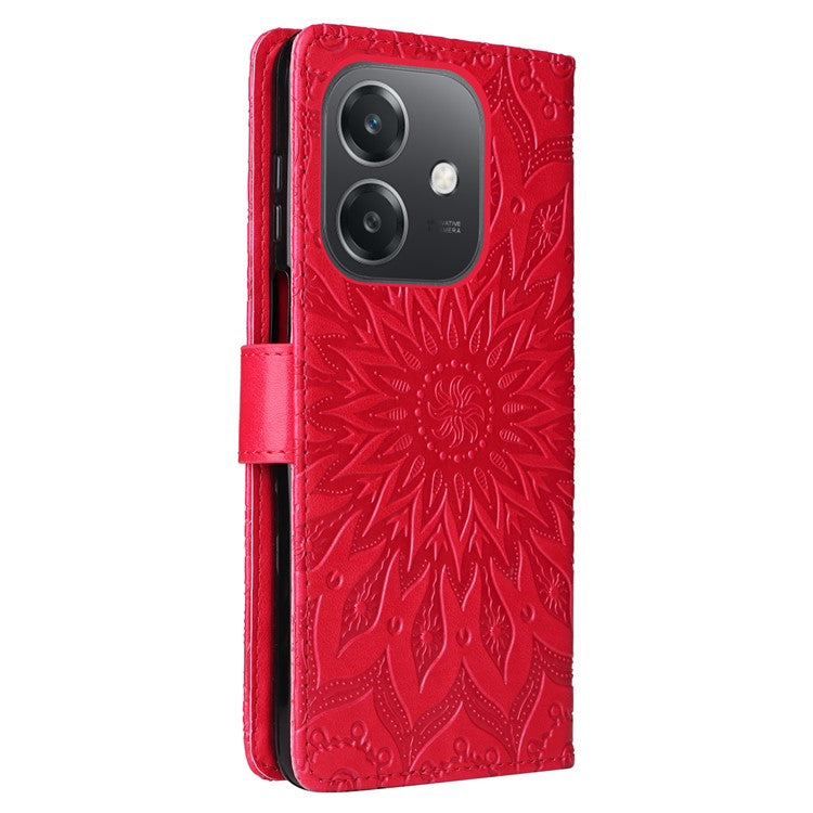 KT Imprinting Flower Series-1 For Oppo A3x 4G / 5G (India) / A3 4G / 5G / A60 5G / A40 4G / A40M 4G Case Sunflower Leather Wallet Phone Cover - Red