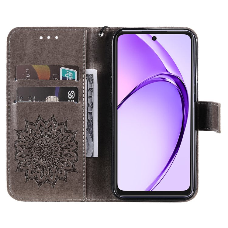 KT Imprinting Flower Series-1 For Oppo A3x 4G / 5G (India) / A3 4G / 5G / A60 5G / A40 4G / A40M 4G Case Sunflower Leather Wallet Phone Cover - Grey