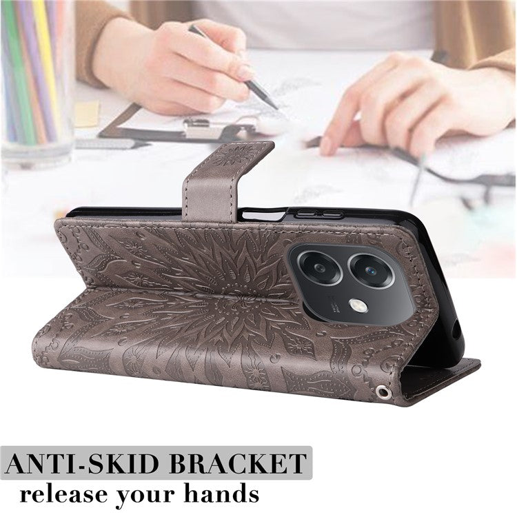 KT Imprinting Flower Series-1 For Oppo A3x 4G / 5G (India) / A3 4G / 5G / A60 5G / A40 4G / A40M 4G Case Sunflower Leather Wallet Phone Cover - Grey