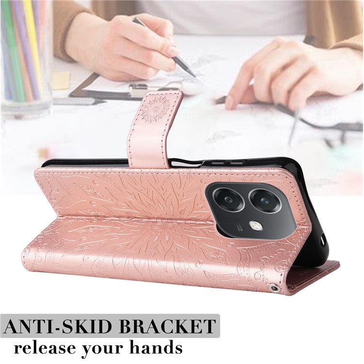 KT Imprinting Flower Series-1 For Oppo A3x 4G / 5G (India) / A3 4G / 5G / A60 5G / A40 4G / A40M 4G Case Sunflower Leather Wallet Phone Cover - Rose Gold