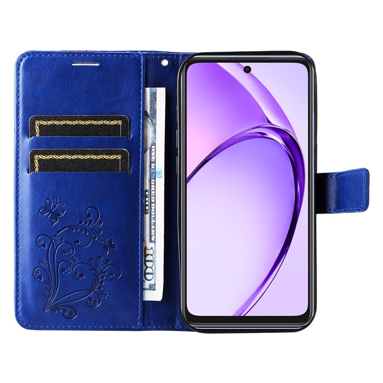 KT Imprinting Flower Series-2 For Oppo A3x 4G / 5G (India) / A3 4G / 5G / A60 5G / A40 4G / A40M 4G Case Butterfly Leather Phone Cover - Blue