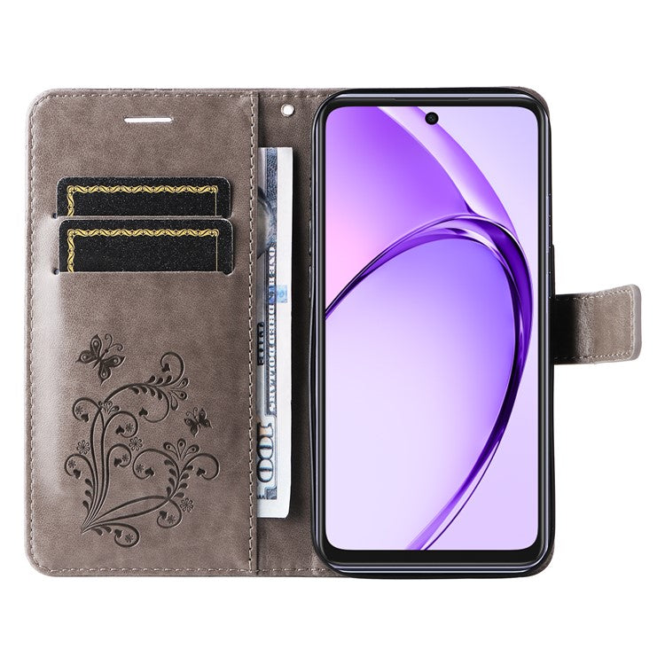 KT Imprinting Flower Series-2 For Oppo A3x 4G / 5G (India) / A3 4G / 5G / A60 5G / A40 4G / A40M 4G Case Butterfly Leather Phone Cover - Grey