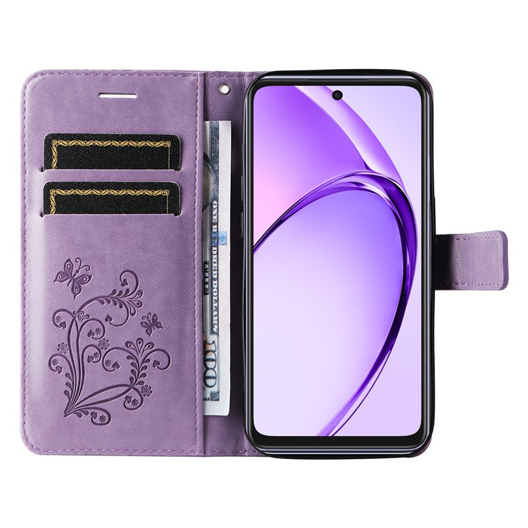 KT Imprinting Flower Series-2 For Oppo A3x 4G / 5G (India) / A3 4G / 5G / A60 5G / A40 4G / A40M 4G Case Butterfly Leather Phone Cover - Light Purple