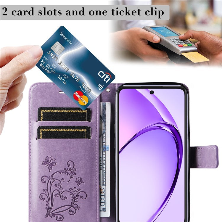 KT Imprinting Flower Series-2 For Oppo A3x 4G / 5G (India) / A3 4G / 5G / A60 5G / A40 4G / A40M 4G Case Butterfly Leather Phone Cover - Light Purple