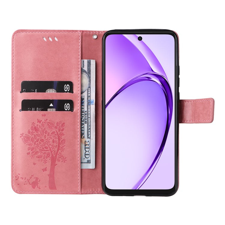 KT Imprinting Flower Series-3 For Oppo A3x 4G / 5G (India) / A3 4G / 5G / A60 5G / A40 4G / A40M 4G Case Cat Tree Pattern Flip Leather Phone Cover - Pink