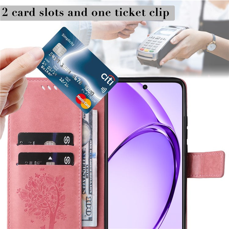 KT Imprinting Flower Series-3 For Oppo A3x 4G / 5G (India) / A3 4G / 5G / A60 5G / A40 4G / A40M 4G Case Cat Tree Pattern Flip Leather Phone Cover - Pink