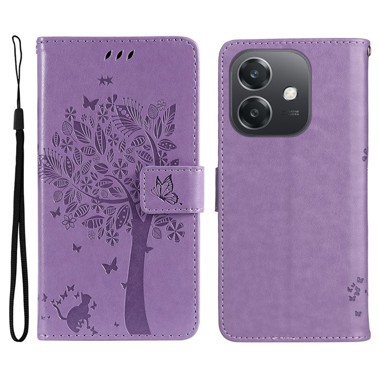 KT Imprinting Flower Series-3 For Oppo A3x 4G / 5G (India) / A3 4G / 5G / A60 5G / A40 4G / A40M 4G Case Cat Tree Pattern Flip Leather Phone Cover - Light Purple