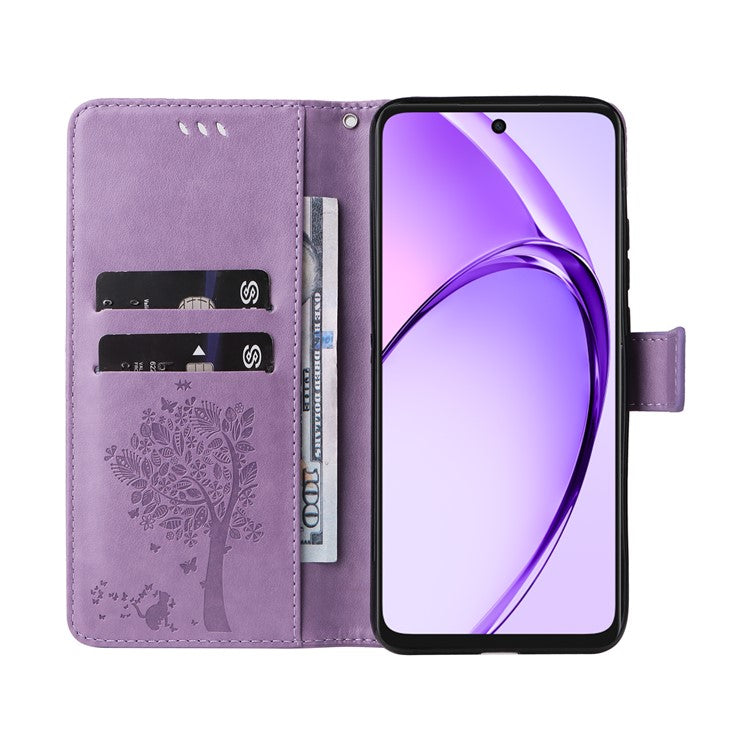 KT Imprinting Flower Series-3 For Oppo A3x 4G / 5G (India) / A3 4G / 5G / A60 5G / A40 4G / A40M 4G Case Cat Tree Pattern Flip Leather Phone Cover - Light Purple