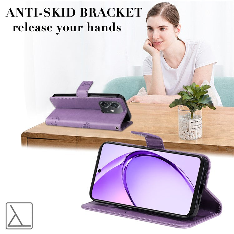 KT Imprinting Flower Series-3 For Oppo A3x 4G / 5G (India) / A3 4G / 5G / A60 5G / A40 4G / A40M 4G Case Cat Tree Pattern Flip Leather Phone Cover - Light Purple
