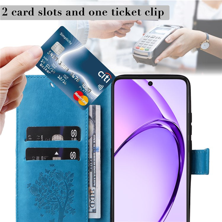 KT Imprinting Flower Series-3 For Oppo A3x 4G / 5G (India) / A3 4G / 5G / A60 5G / A40 4G / A40M 4G Case Cat Tree Pattern Flip Leather Phone Cover - Blue