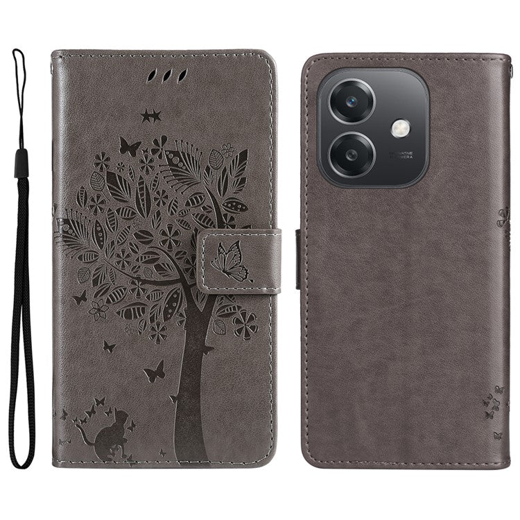 KT Imprinting Flower Series-3 For Oppo A3x 4G / 5G (India) / A3 4G / 5G / A60 5G / A40 4G / A40M 4G Case Cat Tree Pattern Flip Leather Phone Cover - Grey