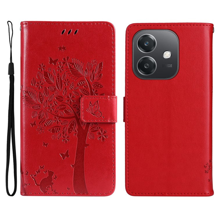 KT Imprinting Flower Series-3 For Oppo A3x 4G / 5G (India) / A3 4G / 5G / A60 5G / A40 4G / A40M 4G Case Cat Tree Pattern Flip Leather Phone Cover - Red