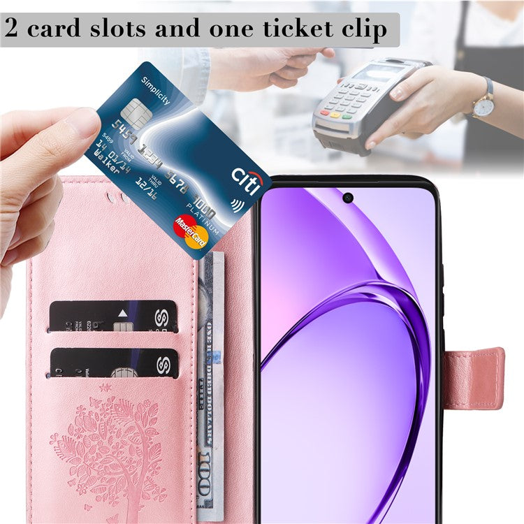 KT Imprinting Flower Series-3 For Oppo A3x 4G / 5G (India) / A3 4G / 5G / A60 5G / A40 4G / A40M 4G Case Cat Tree Pattern Flip Leather Phone Cover - Rose Gold
