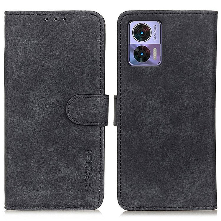 KHAZNEH For Motorola Edge 30 Lite / Motorola Edge 30 Neo 5G PU Leather Folio Wallet Case Retro Texture Stand Magnetic Clasp Shockproof Cover - Black